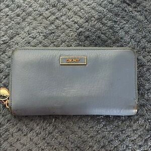 DKNY Navy Leather Zip-Around Wallet with Gold Logo Plate